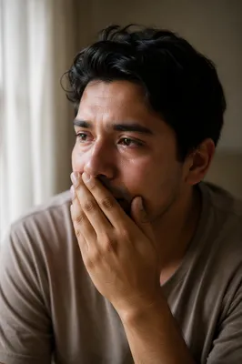 Emotional Young Man by Window Close Up