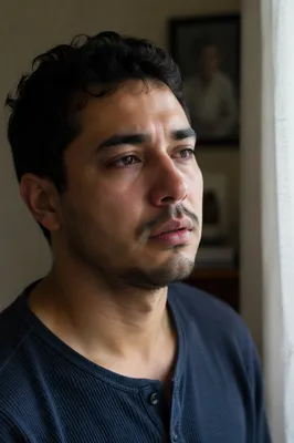 Emotional Young Man by Window Close Up