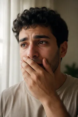 Emotional Young Man Covering His Mouth