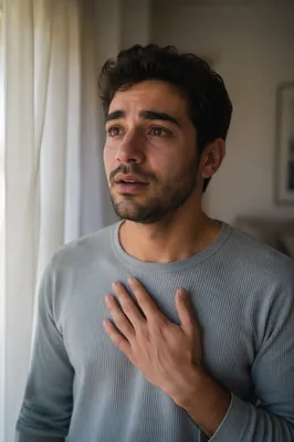 Emotional Young Man by Window Close Up