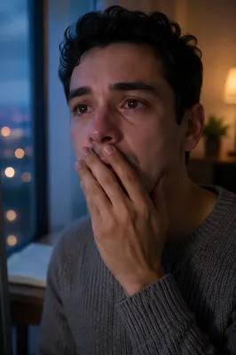 Emotional Young Man Covering Mouth Close Up