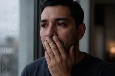 Emotional Young Man by Rainy Window
