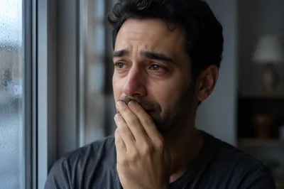 Emotional Young Man by Rainy Window
