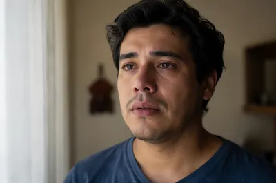 Emotional Young Man by Apartment Window
