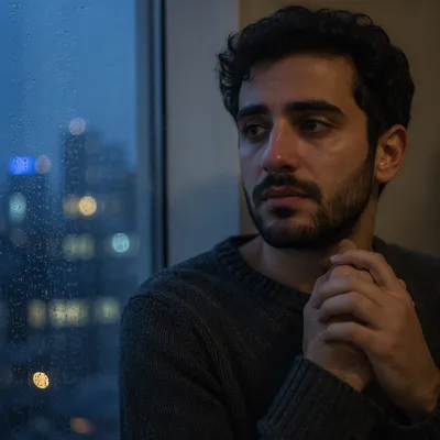 Tearful Young Man by Rainy Window