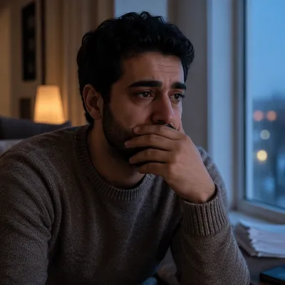 Emotional Young Man by Window at Dusk