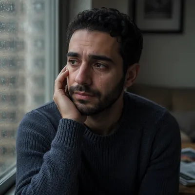 Tearful Man by Rainy Window