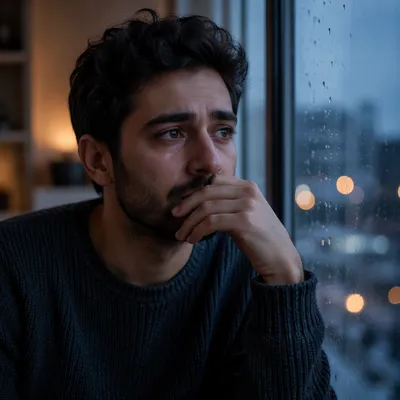 Tearful Man by Rainy Window