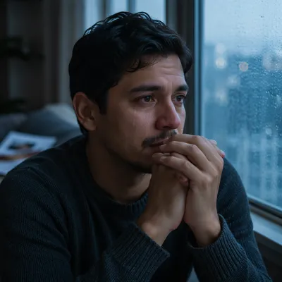 Emotional Man by Rainy Window