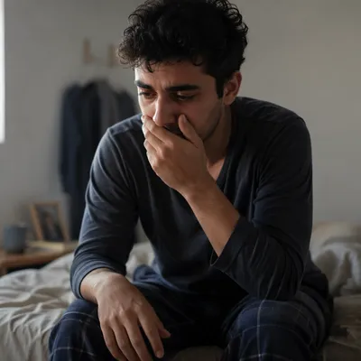 Emotional Young Man Sitting on Bed