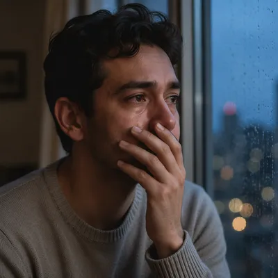 Tearful Young Man by Rainy Window