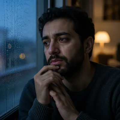 Emotional Portrait by Rainy Window at Dusk