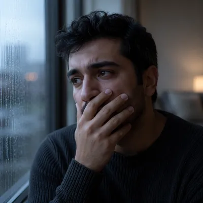 Emotional Man by Rainy Window