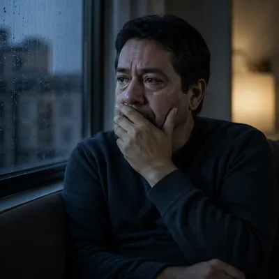 Emotional Man by Rainy Window