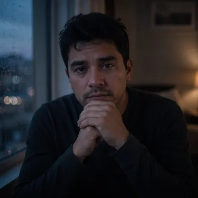 Emotional Man by Rainy Window