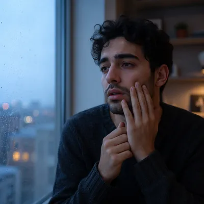 Young Man by Rainy Window Portrait