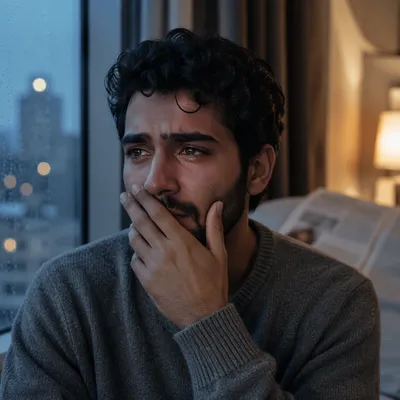 Emotional Young Man by Rainy Window