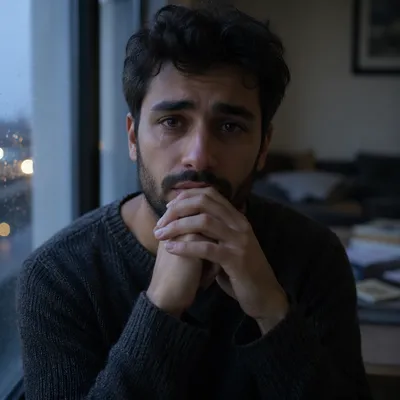 Emotional Young Man by Rainy Window