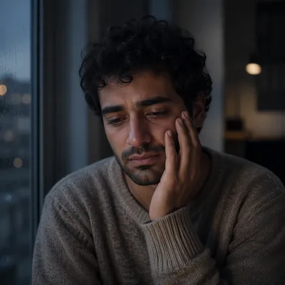 Tearful Young Man by Rainy Window