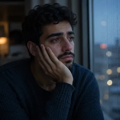 Young Man by Rainy Window at Dusk