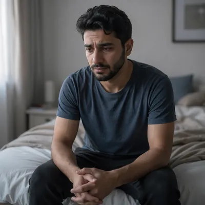 Emotional Man Sitting on Unmade Bed