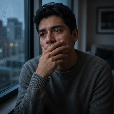 Emotional Young Man by Rainy Window