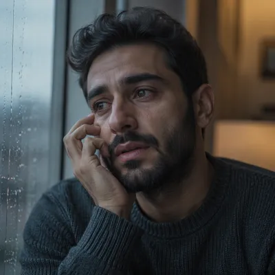 Tearful Young Man by Rainy Window