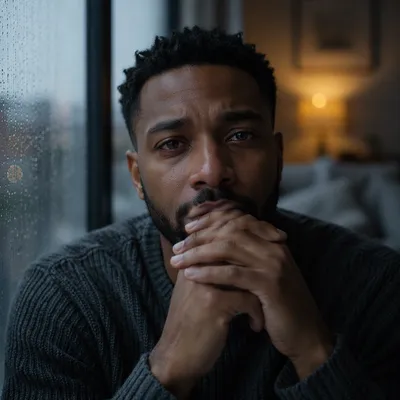 Emotional Portrait by Rainy Window at Dusk