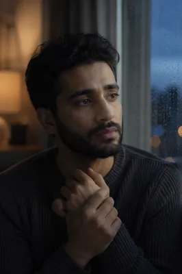 Tearful Young Man by Rainy Window