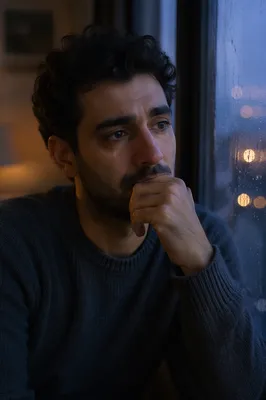 Tearful Young Man by Rainy Window