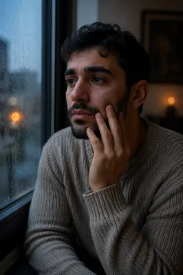 Contemplative Young Man by Rainy Window