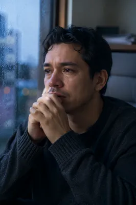 Emotional Young Man by Rainy Window