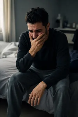Tearful Young Man Sitting on Bed