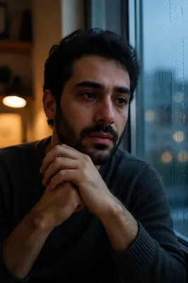 Emotional Man by Rainy Window