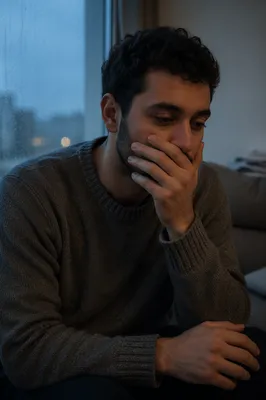 Introspective Young Man by Rainy Window