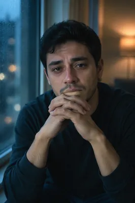 Emotional Young Man by Rainy Window