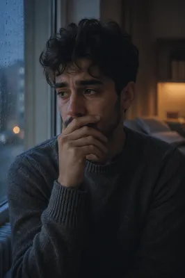 Tearful Young Man by Rainy Window