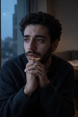 Tearful Young Man by Rainy Window