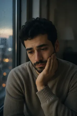 Tearful Young Man by Rainy Window