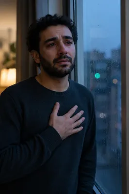 Emotional Man by Rainy Window