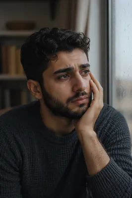 Tearful Young Man by Rainy Window