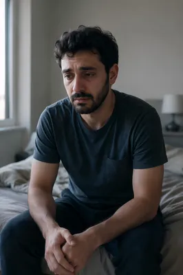 Emotional Young Man Sitting on Bed