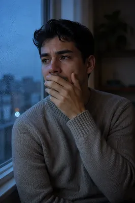 Emotional Young Man by Rainy Window