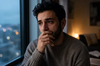 Emotional Portrait by Apartment Window at Dusk