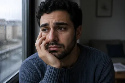 Tearful Young Man by Rainy Window