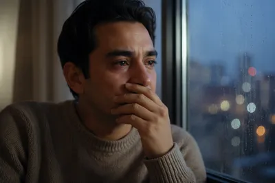 Young Man by Rainy Window at Dusk