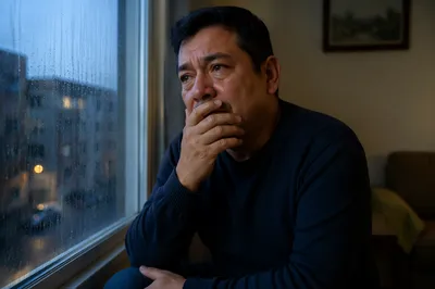 Emotional Man by Rainy Window