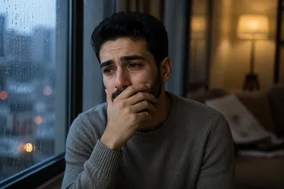 Emotional Young Man by Rainy Window