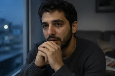 Tearful Young Man by Rainy Window
