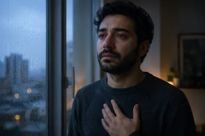 Emotional Man by Rainy Window